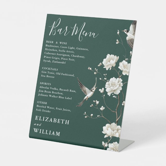Signe De Table Emerald Green Chinoiserie Floral Bar Menu Mariage (Recto)