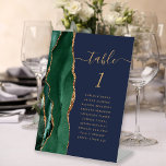 Signe De Table Emerald Green Gold Agate Marine Mariage Numéro de<br><div class="desc">Le bord gauche de ce socle mariage moderne et élégant comporte une bordure en aquarelle vert émeraude et une parties scintillant en faux or. Le mot "table" apparaît dans un script blanc de couleur or sur un arrière - plan bleu marine. Ajoutez les noms de vos invités qui sont affectés...</div>