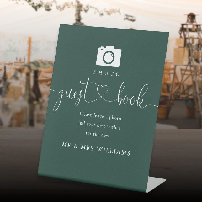 Signe De Table Emerald Green Heart Script Photo Livre d'invité (Emerald Green Heart Script Photo Guest Book Pedestal Sign)