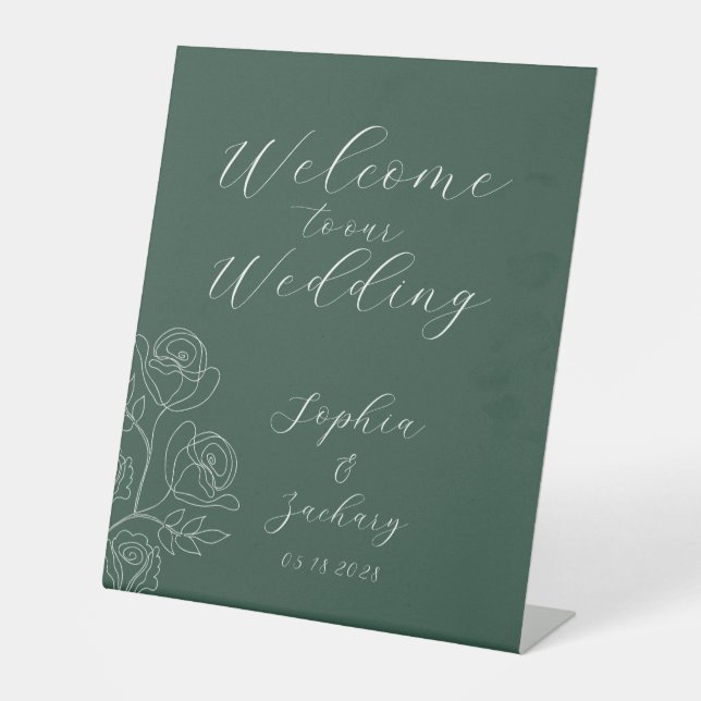 Signe De Table Emerald White Roses Calligraphie Bienvenue Mariage (Recto)