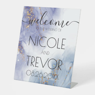 Signe De Table Encre Bleue Violet Personnalisée Bienvenue Mariage