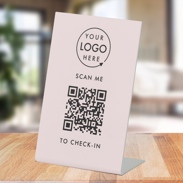 Signe De Table Enregistrement de code QR | Pink Business Logo san (Interactive QR code check-in signage with your business logo.)