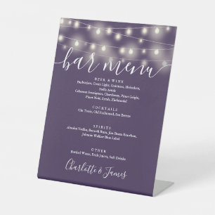 Signe De Table Enseigne de bar de mariage violet avec guirlandes