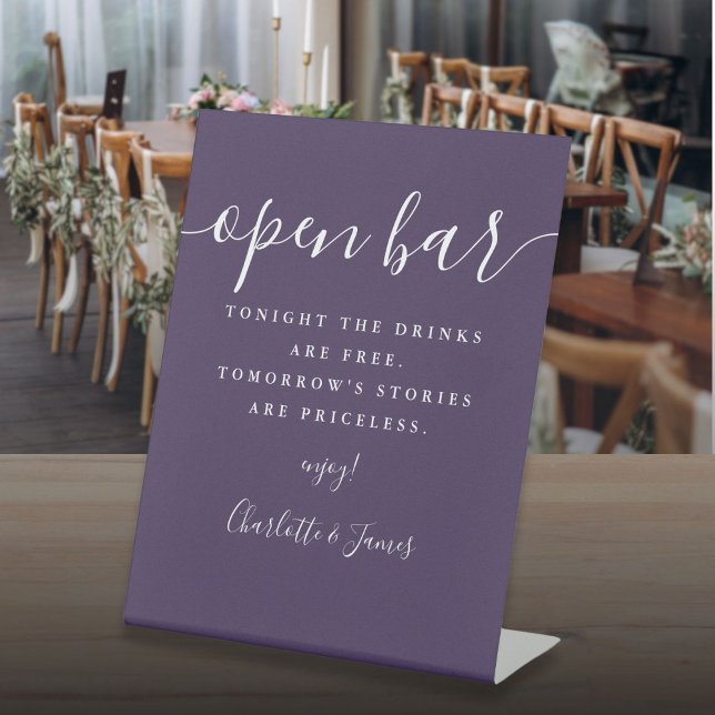 Signe De Table Enseigne de bar ouvert avec signature violette (Purple Signature Script Open Bar Pedestal Sign)