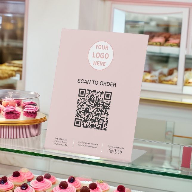 Signe De Table Enseigne de boulangerie rose avec logo de code QR  (QR Code Logo Bakery Pink Business Pedestal Sign)