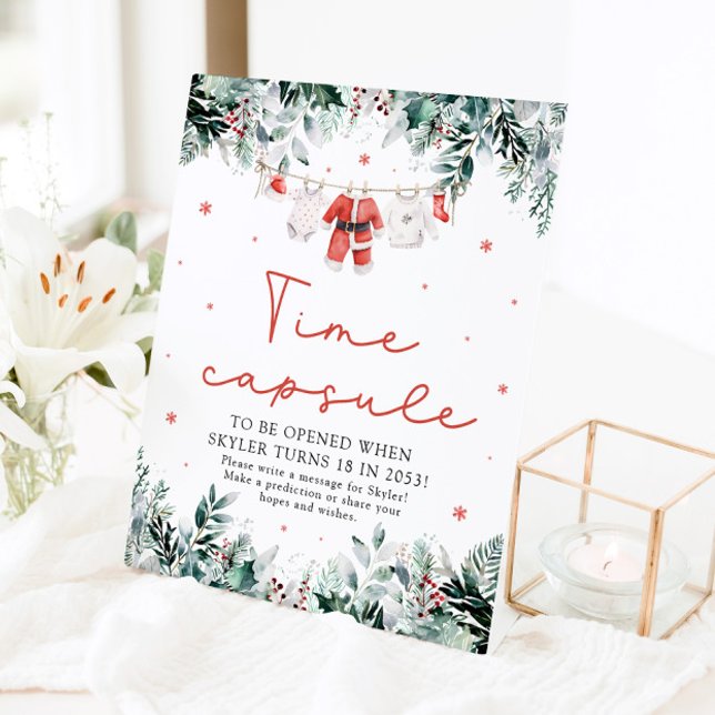 Signe De Table Enseigne de capsule temporelle pour baby shower de (Watercolor Christmas Red Santa Baby Shower Time Capsule Sign)