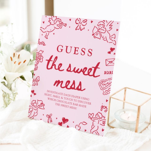 Signe De Table Enseigne de devinette de douceur désordonnée dessi (Hand Drawn Valentine Guess The Sweet Mess Sign)