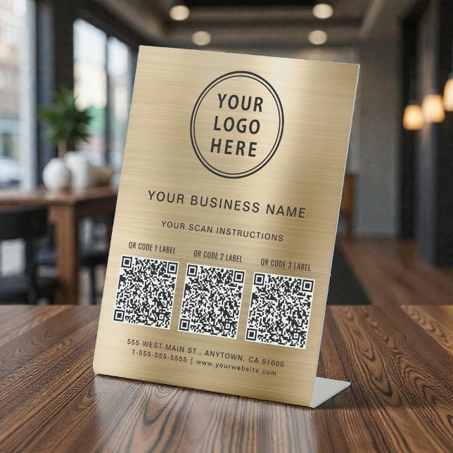 Signe De Table Enseigne de logo d'entreprise 3 codes QR Or (Business Logo 3 QR Codes Gold Pedestal Sign)