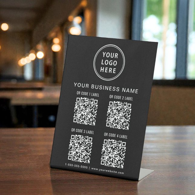 Signe De Table Enseigne de logo d'entreprise 4 codes QR noir (Business Logo 4 QR Codes Black Pedestal Sign)