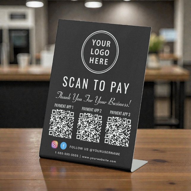 Signe De Table Enseigne de logo d'entreprise Scan to Pay 3 codes  (Scan to Pay 3 QR Codes Business Logo Pedestal Sign)