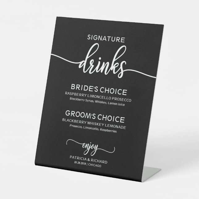 Signe De Table Enseigne de mariage Black White Script pour boisso (Recto)
