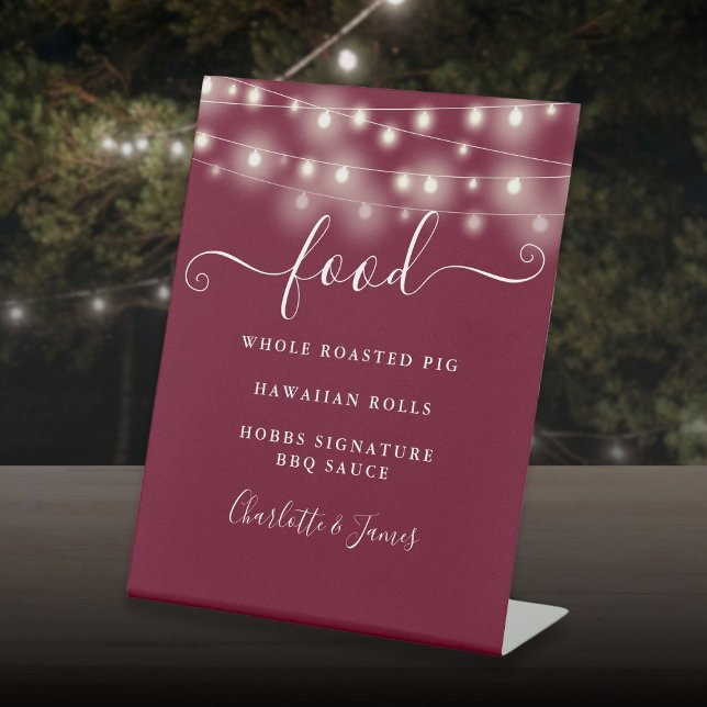 Signe De Table Enseigne de menu de nourriture bordeaux moderne él (Modern Elegant String Lights Burgundy Food Menu Pedestal Sign)