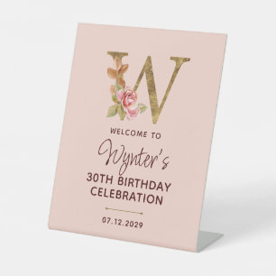 Signe De Table Enseigne de monogramme doré en lettre W avec roses