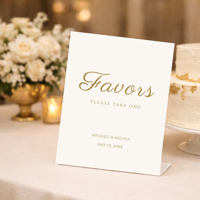 Signe De Table Enseigne de table pour les faveurs d'anniversaire  (Elegant ivory and gold 50th anniversary favor sign with soft floral glow.)
