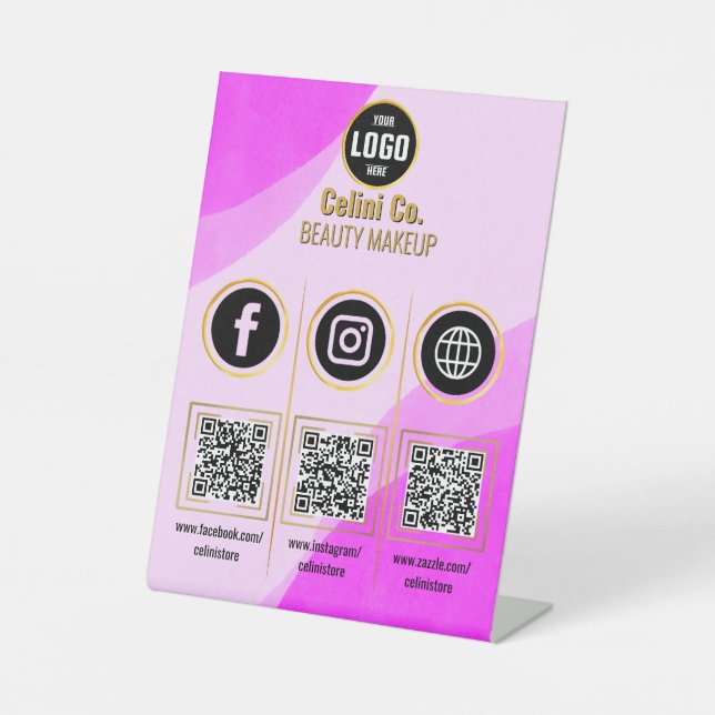 Signe De Table Entreprise Social Media QR Code Signal - Rose (Recto)