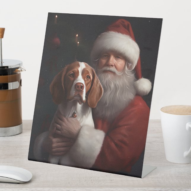 Signe De Table Épanouie Spaniel avec le Père Noël Noël (In SItu)