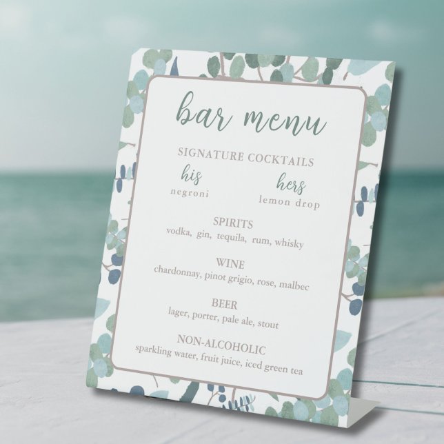 Signe De Table Eucalyptus (Custom Wedding Bar Menu with eucalyptus leaves border)