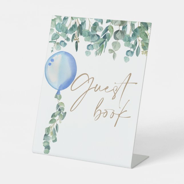 Signe De Table Eucalyptus Blue Balloon Baby shower Livre d'or (Recto)