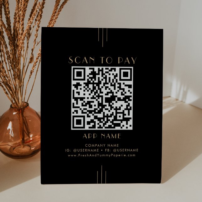 Signe De Table EVERLY Art Déco Affaires Scan To Pay Noir Or (EVERLY Art Deco Black Gold Business Scan To Pay Pedestal Sign)