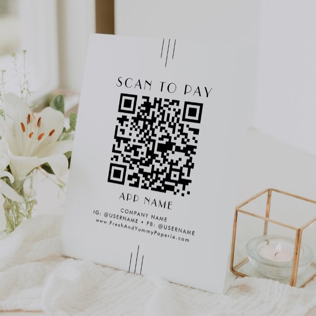 Signe De Table EVERLY Art Déco Blanc Noir Afficher Pour Payer (EVERLY Art Deco White Black Business Scan To Pay Pedestal Sign)