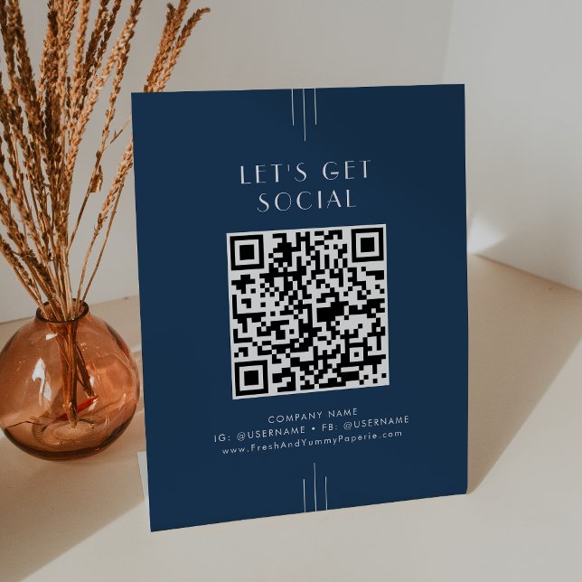 Signe De Table EVERLY Art Déco Bleu Nuit Let's Get Social Media (EVERLY Art Deco Navy Blue Let's Get Social Media Pedestal Sign)