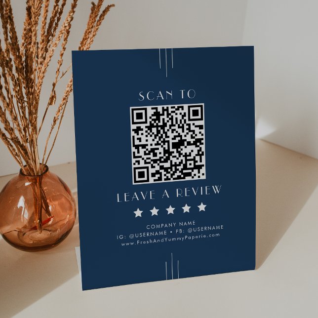 Signe De Table EVERLY Art déco Bleu Nuit QR Code Laissez un avis (EVERLY Art Deco Navy Blue QR Code Leave A Review Pedestal Sign)