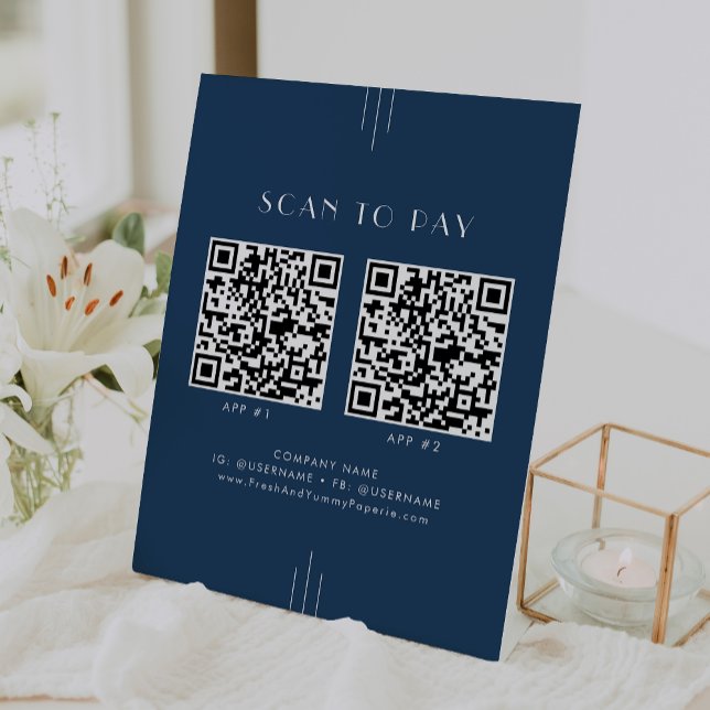 Signe De Table EVERLY Art Déco Marine Affaires 2 Applications Sca (EVERLY Art Deco Navy Business 2 Apps Scan To Pay Pedestal Sign)