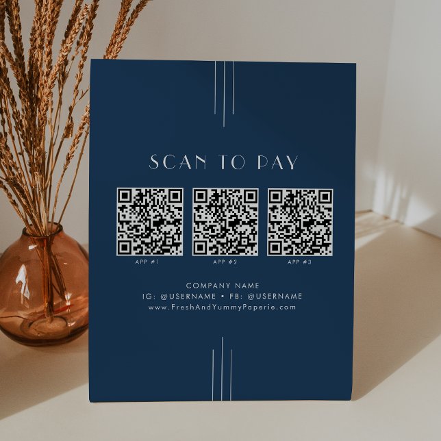 Signe De Table EVERLY Art Déco Marine Affaires Code QR Scan Pour  (EVERLY Art Deco Navy Business QR Code Scan To Pay Pedestal Sign)