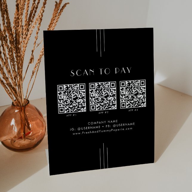 Signe De Table EVERLY Art Déco Noir Code QR Entreprise Analyse Po (EVERLY Art Deco Black Business QR Code Scan To Pay Pedestal Sign)