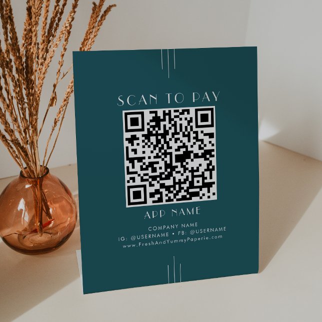 Signe De Table EVERLY Art Déco Paon Sarcelle Entreprise Scanner P (EVERLY Art Deco Peacock Teal Business Scan To Pay Pedestal Sign)