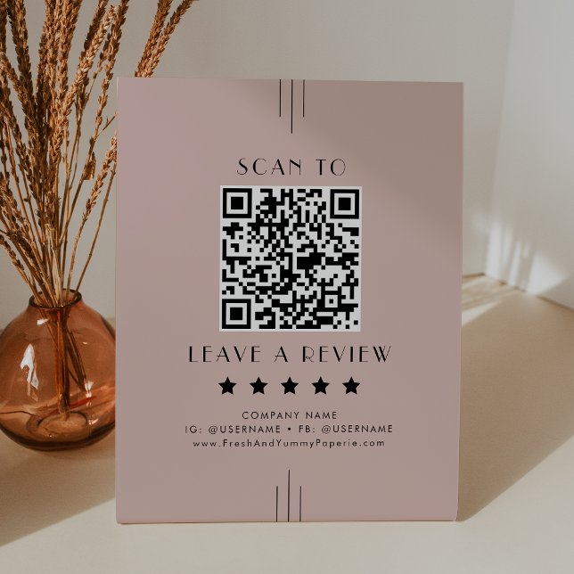 Signe De Table EVERLY Art déco Rose Clair Code QR Laissez un comm (EVERLY Art Deco Blush Pink QR Code Leave A Review Pedestal Sign)