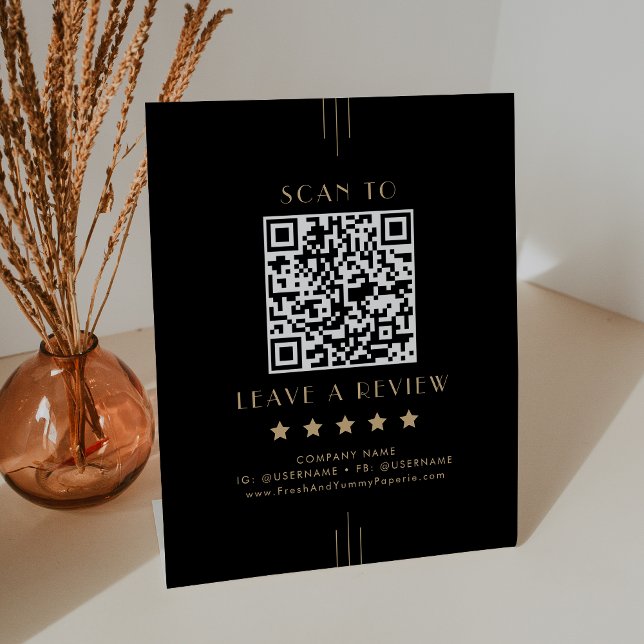 Signe De Table EVERLY Code QR Entreprise Or Noir Laissez un comme (EVERLY Black Gold Business QR Code Leave A Review Pedestal Sign)