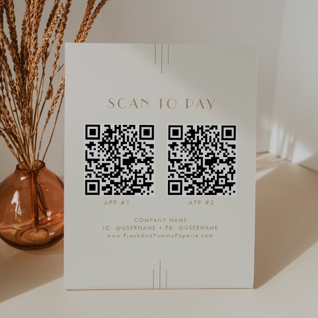 Signe De Table EVERLY Crème et Or Entreprise 2 Applications Scann (EVERLY Cream and Gold Business 2 Apps Scan To Pay Pedestal Sign)