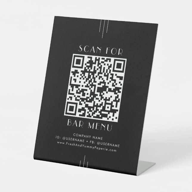 Signe De Table EVERLY Modern Art Deco Black Bar Menu QR Code (Recto)