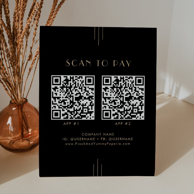 Signe De Table EVERLY Noir et Or Affaires 2 Applications Payer pa (EVERLY Black and Gold Business 2 Apps Scan To Pay Pedestal Sign)