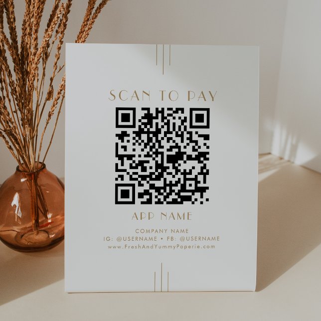 Signe De Table EVERLY Or Art Déco Simple Scanner Pour Payer (EVERLY Gold Art Deco Simple Business Scan To Pay Pedestal Sign)