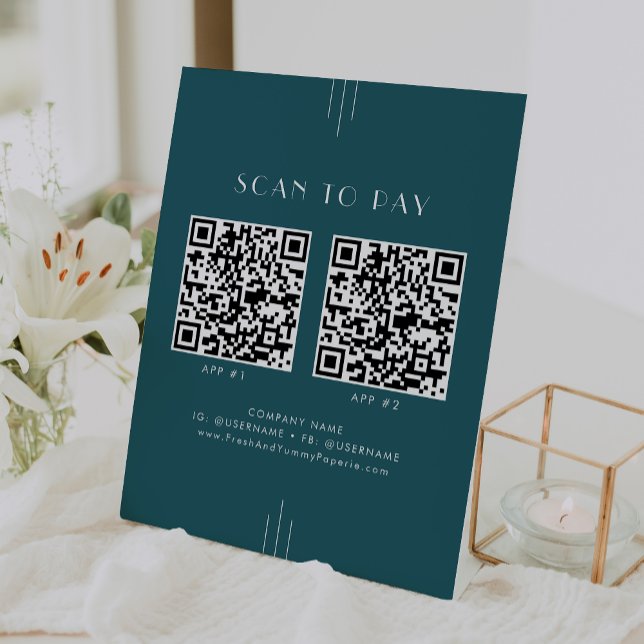 Signe De Table EVERLY Paon sarcelle Entreprise 2 Applications Sca (EVERLY Peacock Teal Business 2 Apps Scan To Pay Pedestal Sign)