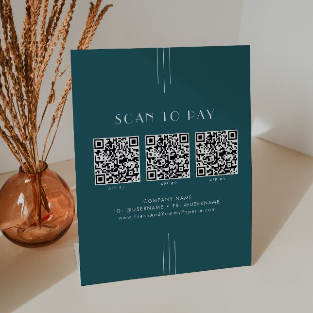 Signe De Table EVERLY Peacock Sarcelle Entreprise Code QR Scan Po (EVERLY Peacock Teal Business QR Code Scan To Pay Pedestal Sign)