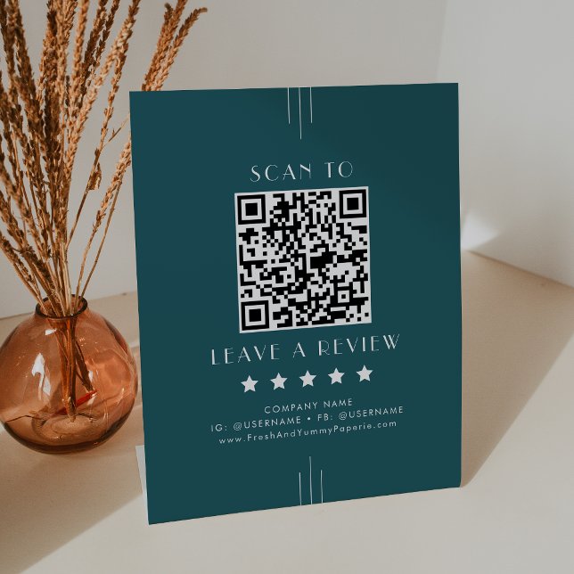Signe De Table EVERLY Peacock Sarcelle Rétro Code QR Laissez un a (EVERLY Peacock Teal Retro QR Code Leave A Review Pedestal Sign)
