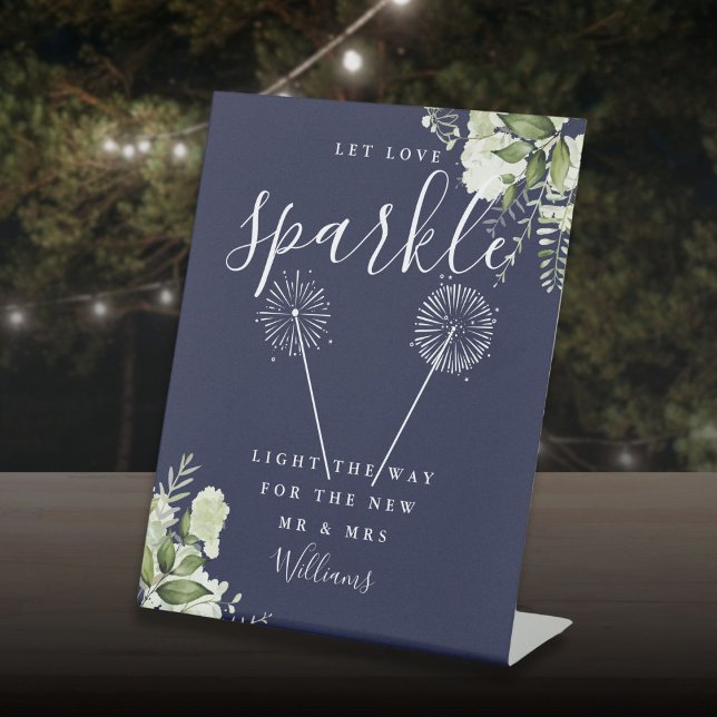 Signe De Table Fais briller l'amour Fleurs Mariage Bleu marine (Let Love Sparkle Floral Navy Blue Wedding Pedestal Sign)