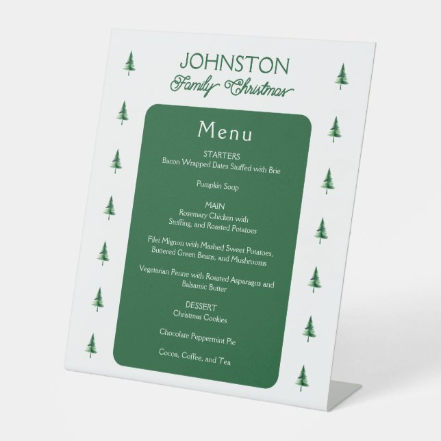 Signe De Table Famille Noël Vert Aquarelle Pine Tree Menu (Recto)