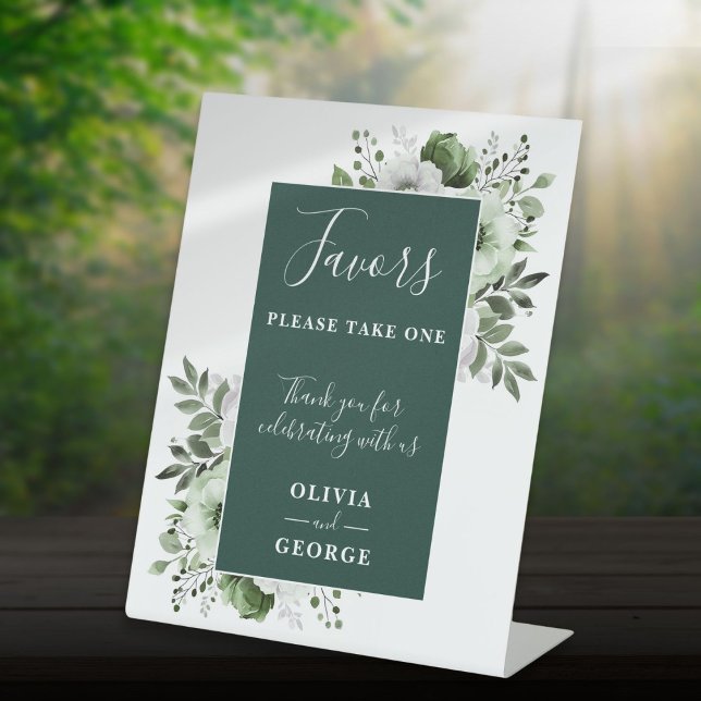Signe De Table Faveurs de mariage florales élégantes vert émeraud (Emerald Green Elegant Floral Wedding Favors Pedestal Sign)