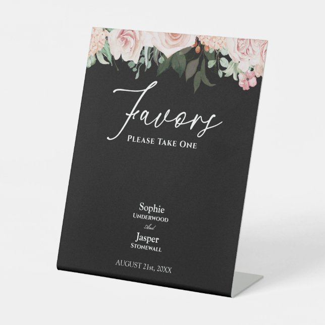 Signe De Table Faveurs de mariage noir floral rose (Recto)
