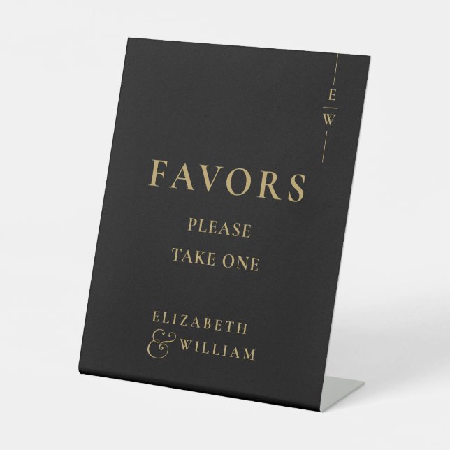 Signe De Table Faveurs De Monogramme Élégant Noir Et Or Mariage (Recto)