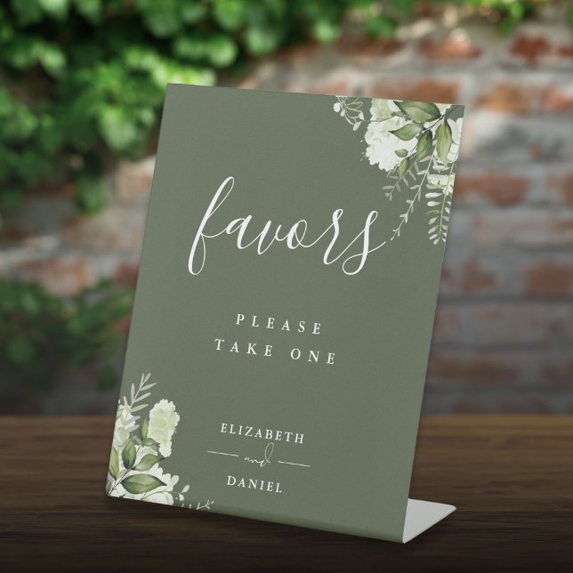 Signe De Table Faveurs de table de verdure florale vert olive (Olive Green Floral Greenery Favors Table Pedestal Sign)