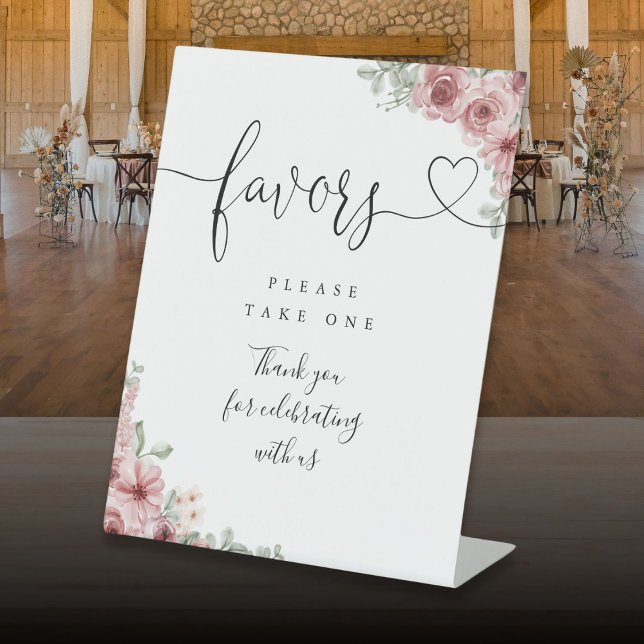 Signe De Table Favoris Cœur Script Roses Floral (Favors Heart Script Roses Floral Pedestal Sign)