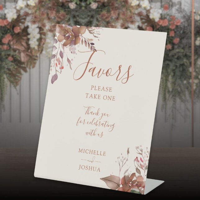 Signe De Table Favoris de script élégant floral rustique d'automn (Autumn Fall Rustic Floral Elegant Script Favors Pedestal Sign)