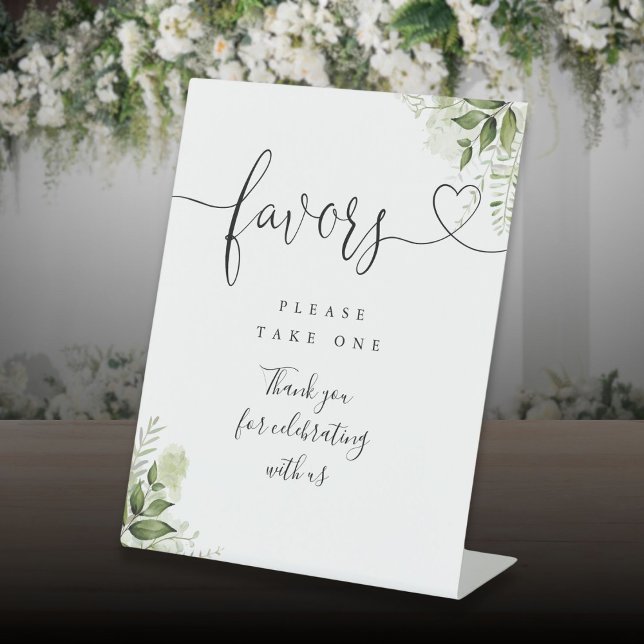 Signe De Table Favoris Écriture Florale de Verdure Cœur (Favors Greenery Floral Heart Script Pedestal Sign)