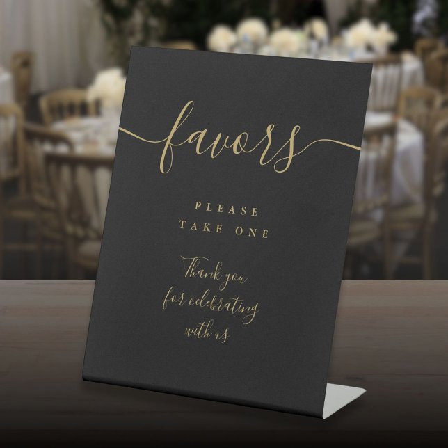 Signe De Table Favoris Table Noir Et Or Écriture Moderne (Favors Black And Gold Modern Script Table Pedestal Sign)