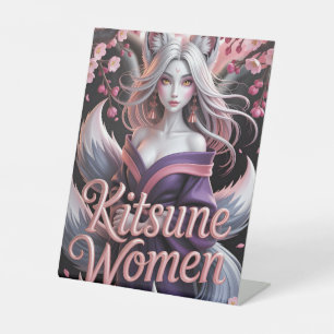 Signe De Table Femme Kitsune Blanche Élégante avec Fleurs de Saku